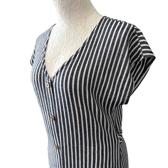 Caution to the Wind Stripe Button Front Dress Navy Nautical Beachy White Large - Picture 2 of 7